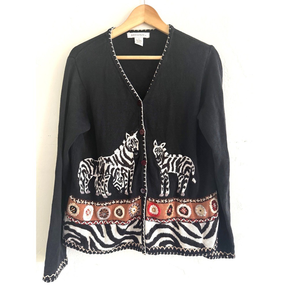 Arriviste Zebra Embroidered Beaded Cardigan Sweater Black Womens Medium Safari